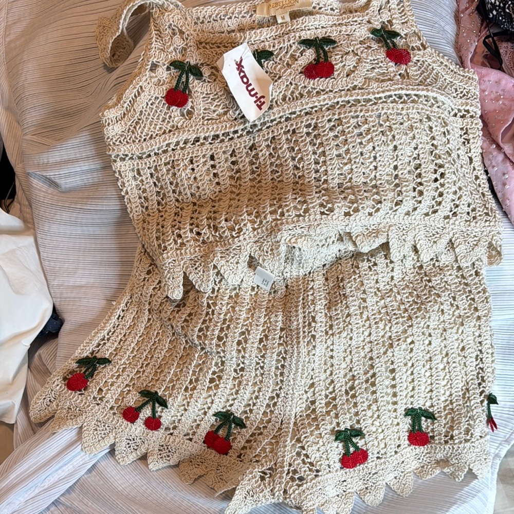 Rebellion Cream Crochet Set with Cherry Accents